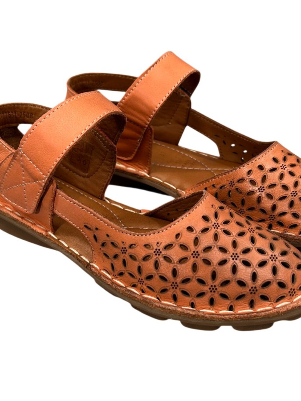 Spring Step Canoya Orange Laser-Cut Floral Leather Sandal Shoes Size 37
